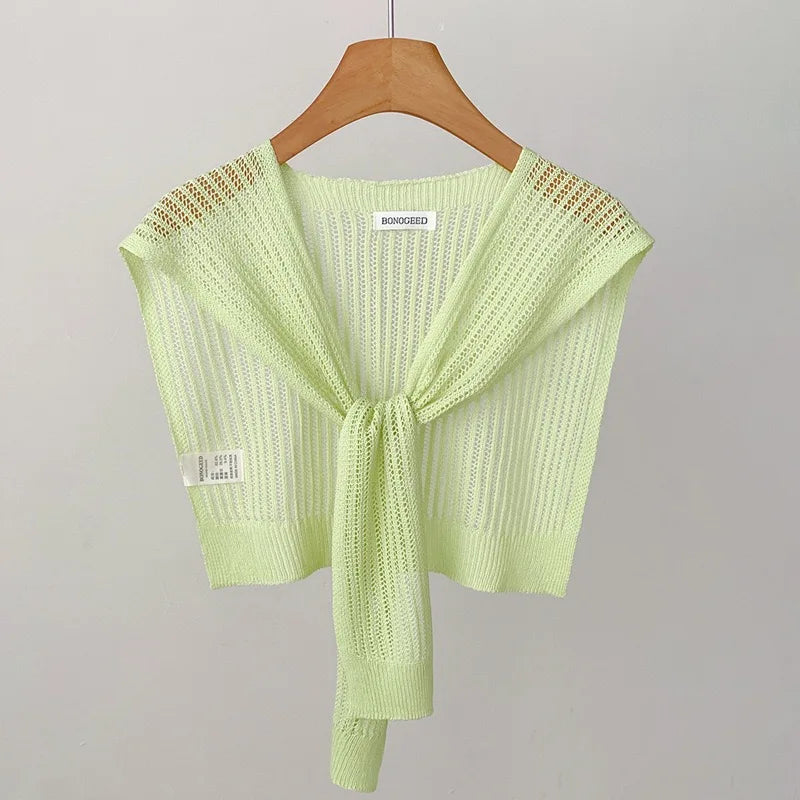 Lace Hollow Linen Knitted Shawl Summer Air Conditioning Fake Collar Neck Guard Knit Thin Knotted Cape Shoulder Scarf For Women