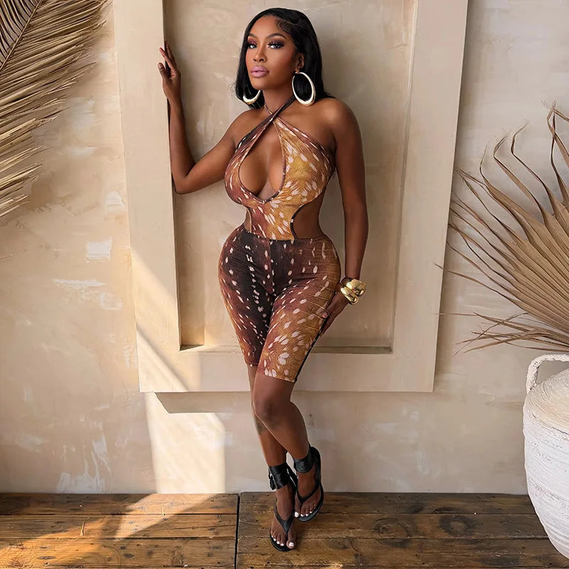 FAGADOER Deer Print Sexy Hollow Out Romper Hot Girl Bandage Halter Shorts Backless Bodycon Jumpsuits New Trendy Streetwear