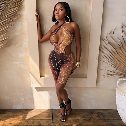 FAGADOER Deer Print Sexy Hollow Out Romper Hot Girl Bandage Halter Shorts Backless Bodycon Jumpsuits New Trendy Streetwear