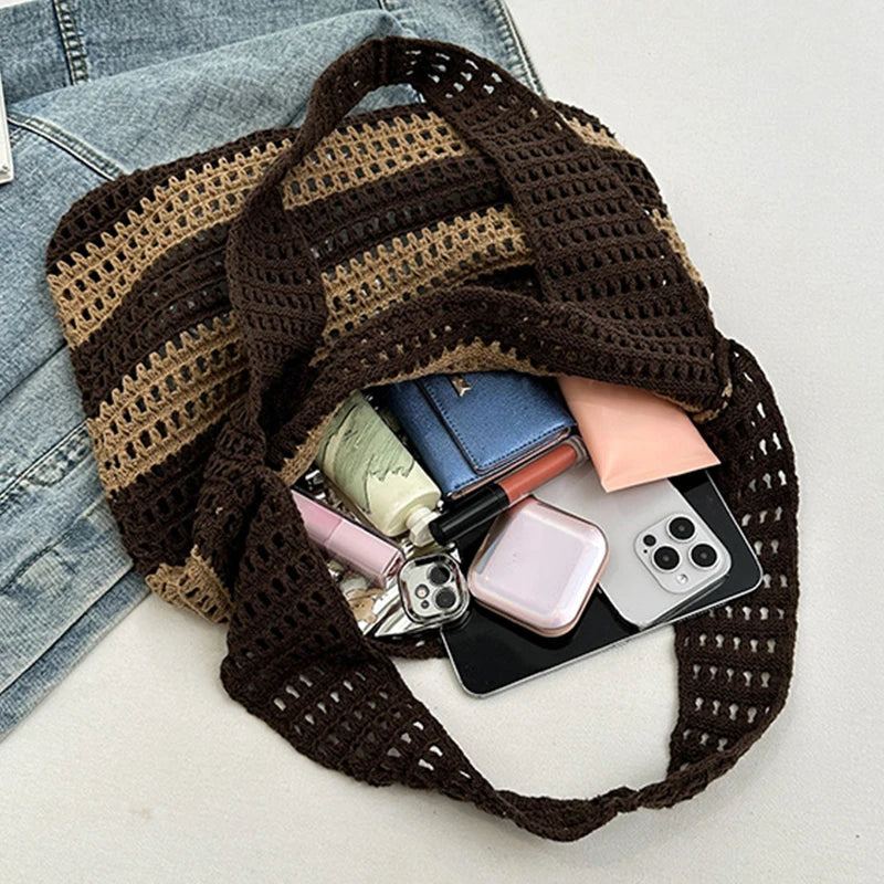 Wool Plush Woven Women Shoulder Bags Ladies Stripe Designer Knitted Braid Handbags Tote Summer Beach Shopper Purses