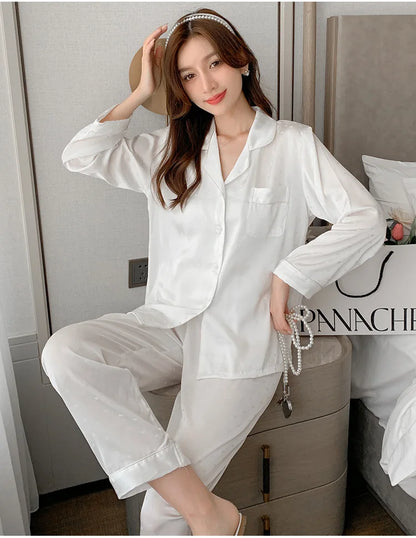 Women's New Arrival Silk-Feel Ice-Silk Lightweight Long-Sleeve Pajama Set Two-Piece Comfortable Homewear Suit