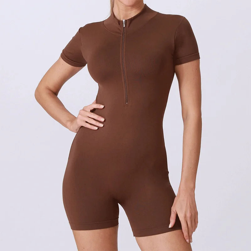 Summer Short Sleeve Zipper Jumpsuit Sports Wear Gym Fitness Sports Bodysuits Women Running Fashion Workout Clothes