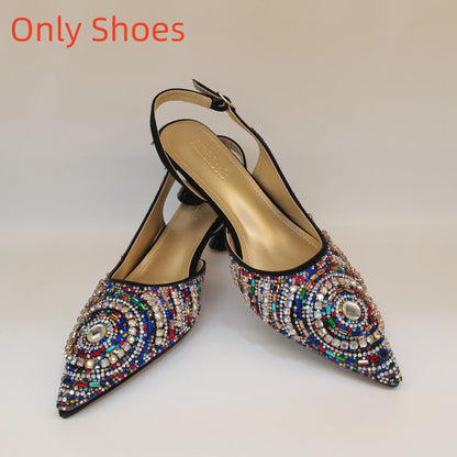 New Elegant Nigerian Women’s Gold Colour Heeled Shoes With Match Rhinestone Handbag Set Italian Design for Parties