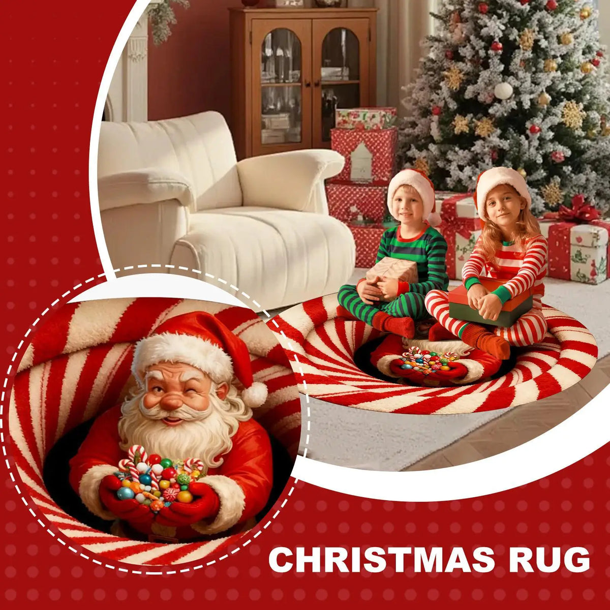 Christmas Rugs Indoor Optical Illusion Santa Claus Anti-Slip Area Rug Christmas Decorations For Living Room Entryway Office Dorm