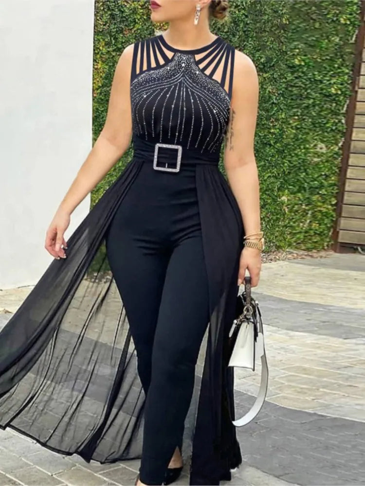 Summer Sleeveless Lace Up Women's Elegant Long Jumpsuit Fashion Hot Drill Waist Mesh Mop Slim Fit Female Party Jumpsuit 2025