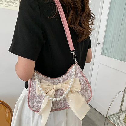 White Folds Pearl Female Bag Retro Luxury Designer Handbag Bow Crossbody Bags Fashion Y2K Vintage Women's Shoulder Bag Purses