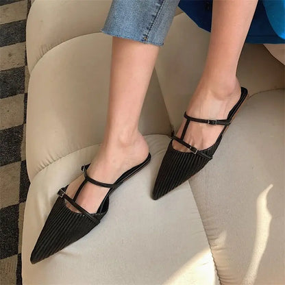 2025 New Women's Shoes Fashionable Slippers with Double Buckles Lazy Pointed Toe Elegant Women's Shoes Luxury Design Sandals