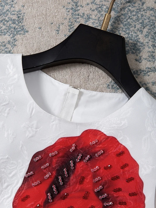 Women White Floral Printed Beaded Dress Sleeveless Round Neck a Line Elegant Summer Party Luxury Jacquard Shift Dress Chic Look