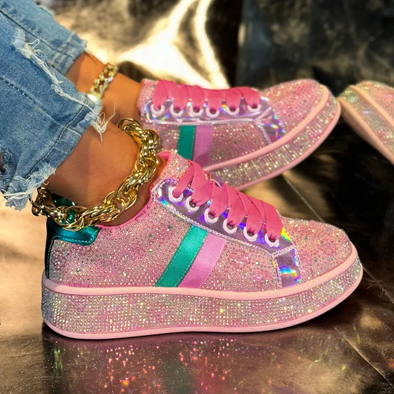 Women's Designer Shoes Women's Luxury Platform Sneakers Crystal Water Diamond Fashion Lace Up Casual Shoes Zapatillas De Deporte