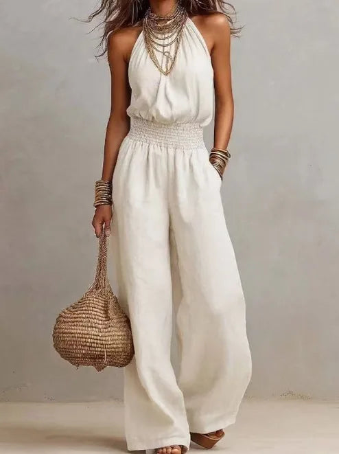 Women's Halter Neck Smocked Linen Blend Jumpsuit Waist Wide Leg Long Romper Casual Sleeveless Summer Beach Vacation Jumpsuits