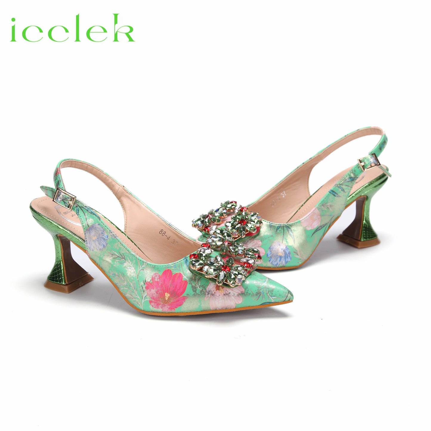 Newest Green Color Print Design High Heels Decorated with Water Rhinestone Party Women's Shoes and Bags Set