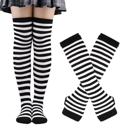 Long Over Above Knee Socks Womens mittens Arm Sleeve Gloves Set Striped Thigh High Stockings Ladies Girl Pink Black White Lolita