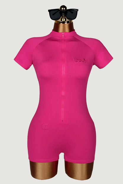 STYLISH LADY Embroidery Yoga Workout Bodysuit 2026 Summer Women High Stretch Zip Front Short Sleeve Sports One Piece Romper
