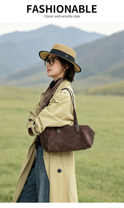 New Women's Natural Suede Leather long handle Shoulder Bag Luxury Designe Genuine Suede Leather Handbags Shopping Underarm Bag
