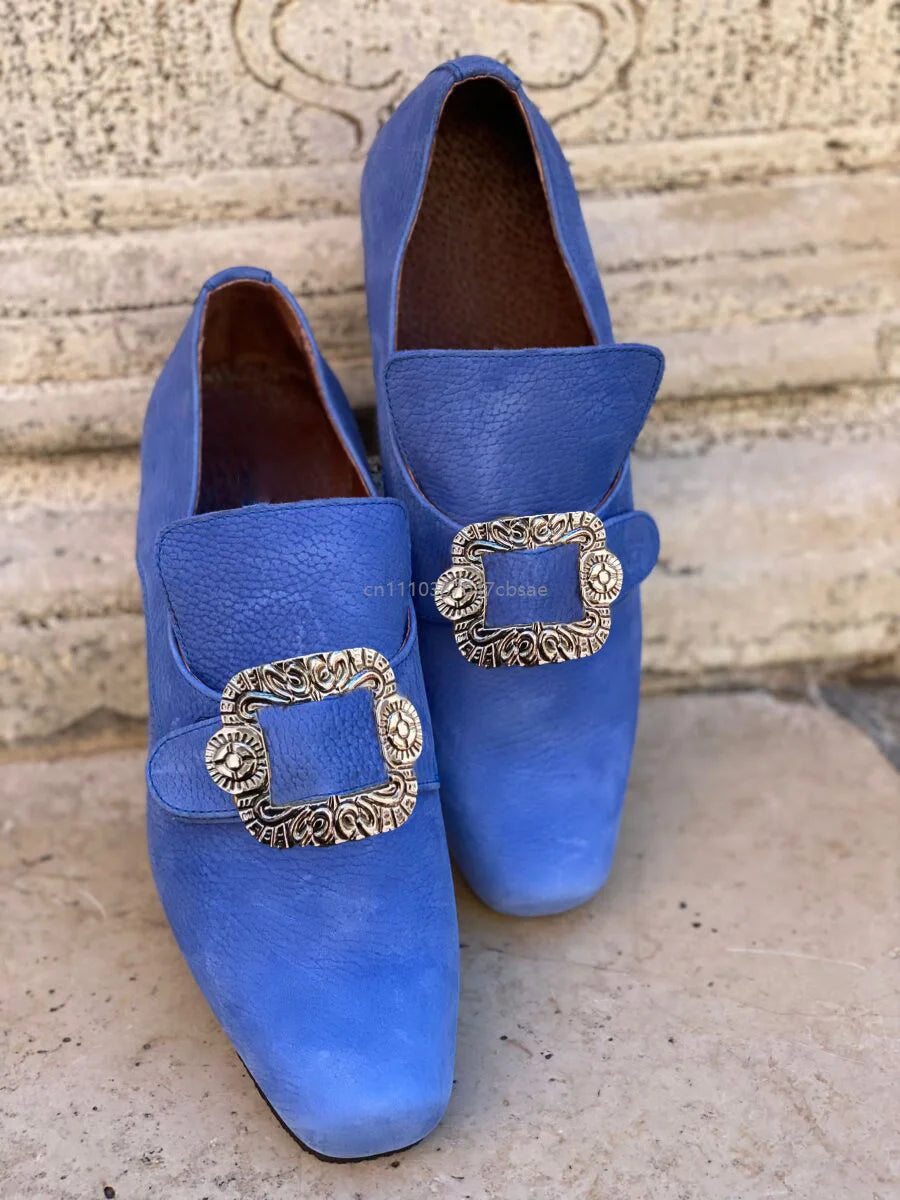 Vintage Medieval Renaissance Frock Shoes Unisex Block Heels With Buckle Boot Halloween Cosplay Costume Party Historical Footwear