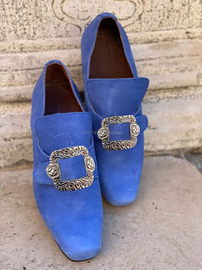 Vintage Medieval Renaissance Frock Shoes Unisex Block Heels With Buckle Boot Halloween Cosplay Costume Party Historical Footwear
