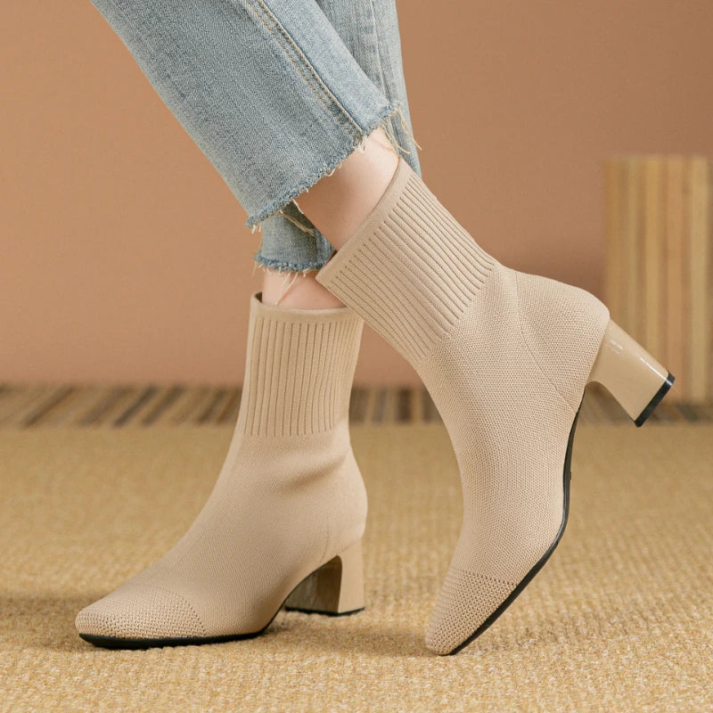 Black Square Toe Knit Sock Boots Elastic Slim Thick Block Heel High Heels Short Boots Fashion Autumn Casual Skinny Ankle Boots