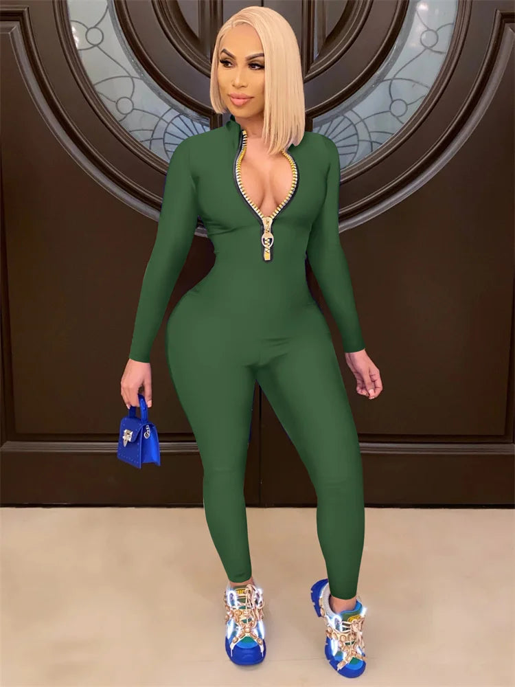 WESAYNB Wholesale Streetwear Clothes Zipper Long Sleeve Jumpsuit Women 2022 Black Blue Pink One-pieces Outfits Bodycon Jumpsuits