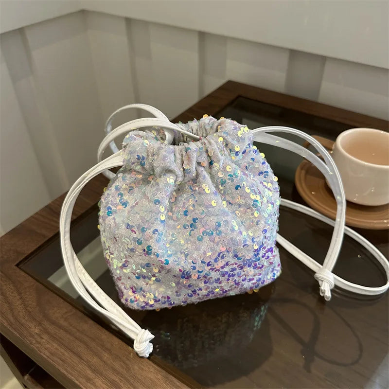 Shiny Sequin Drawstring Shoulder Bags for Women, Mini Crossbody Purse ,Sparkly Evening Handbag Suitable for Party Night Out