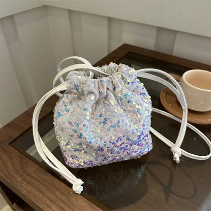 Shiny Sequin Drawstring Shoulder Bags for Women, Mini Crossbody Purse ,Sparkly Evening Handbag Suitable for Party Night Out