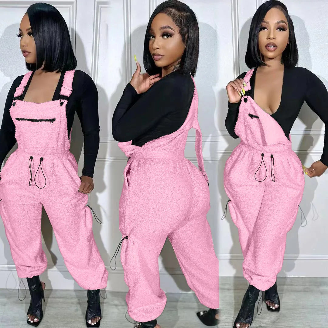 Lace Up Jumpsuit Women One Piece Jumpsuits Fur Rompers High Waist Spring Autumn Pants Mom Overalls Playsuits Elegant Pink