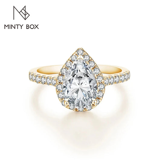 MINTYBOX Pear Cut 2.0CT Luxury Moissanite Ring Solid 925 Sliver 18K Gold Plated Engagement Halo Ring for Women Fine Jewelry Gift