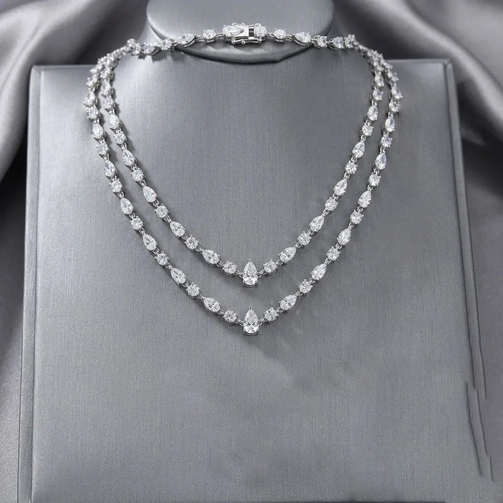 Double Layer Pear Cut Moissanite Tennis Necklace S925 Silver GRA Certified Elegant Bridal Wedding Jewelry for Women