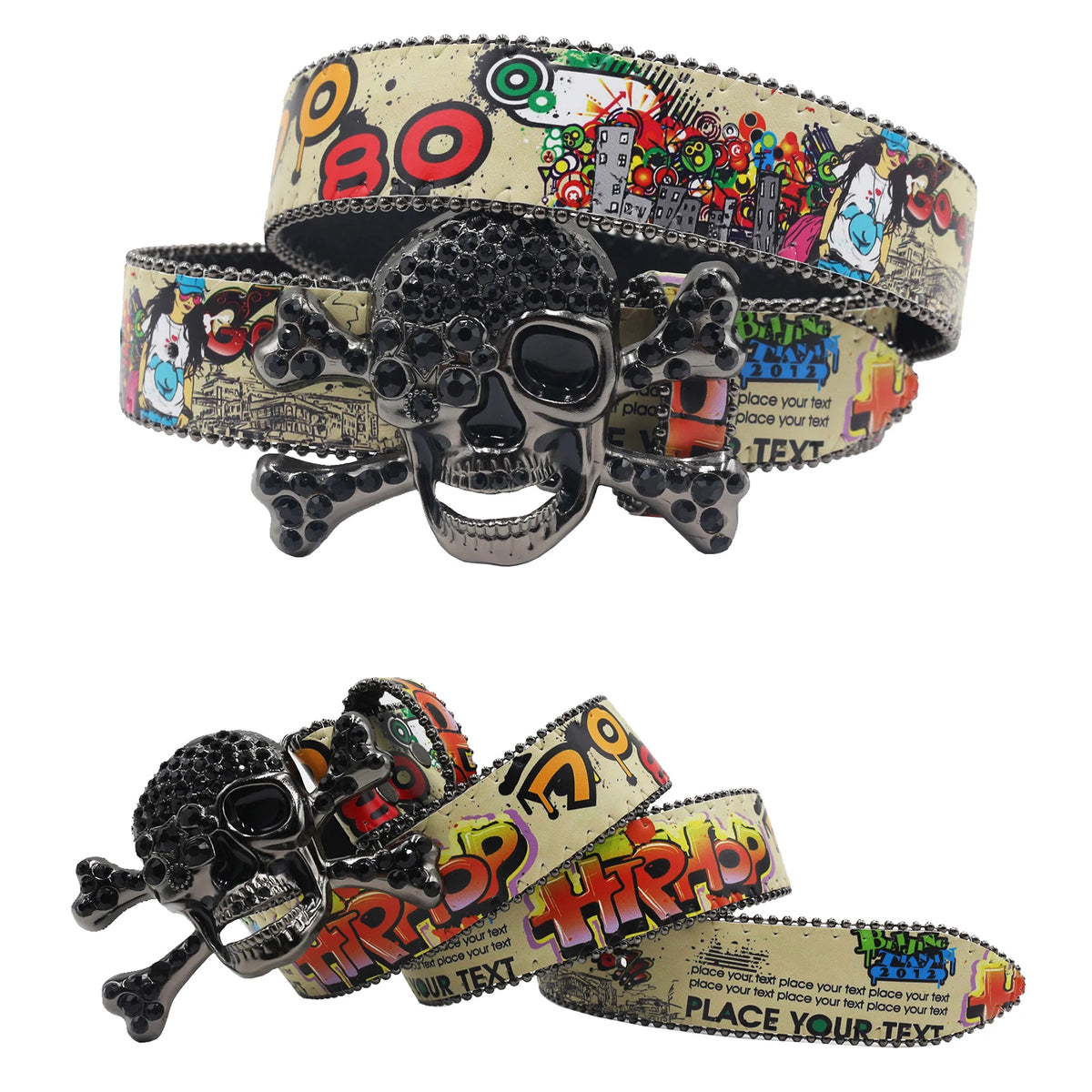 Big Skull Punk Black Rhinestone Belt Ladies Designer Belt Diamond Soldier Belt Western Cowboy Y2K Fashion Belt Hip Hop Graffiti