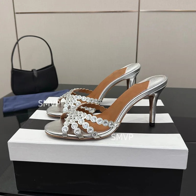 Summer 2026 Women's Pink Crystal High Heels Diamond-Encrusted Slim Heel Sandals for Outdoor Weddings Parties Fashionable Ladies'