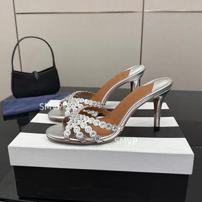 Summer 2026 Women's Pink Crystal High Heels Diamond-Encrusted Slim Heel Sandals for Outdoor Weddings Parties Fashionable Ladies'