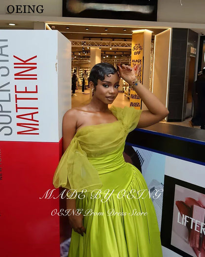 OEING Light Green A-Line Prom Dresses Off The Shoulder Pleats Sleeveless Satin Party Gowns Ankle Length Evening Dress Customized