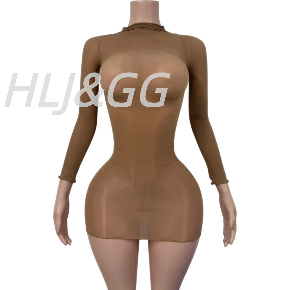 HLJ&GG Sexy Mesh See Through Bodycon One Piece Jumpsuits Women O Neck Long Sleeve Stretchy Overall Lady Party Clubwear Playsuits
