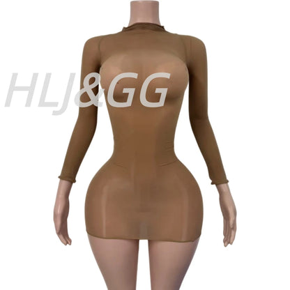 HLJ&GG Sexy Mesh See Through Bodycon One Piece Jumpsuits Women O Neck Long Sleeve Stretchy Overall Lady Party Clubwear Playsuits