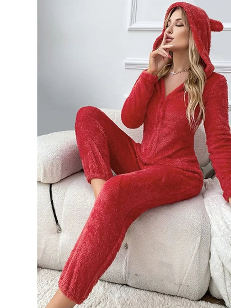 Fashion Plush Ear Hooded One-piece Pajamas Women Autumn Winter New V-neck Long-sleeved Loose Casual Trousers Home Wear Jumpsuits