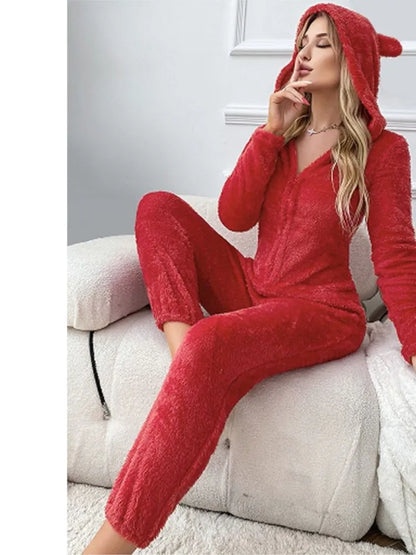 Fashion Plush Ear Hooded One-piece Pajamas Women Autumn Winter New V-neck Long-sleeved Loose Casual Trousers Home Wear Jumpsuits