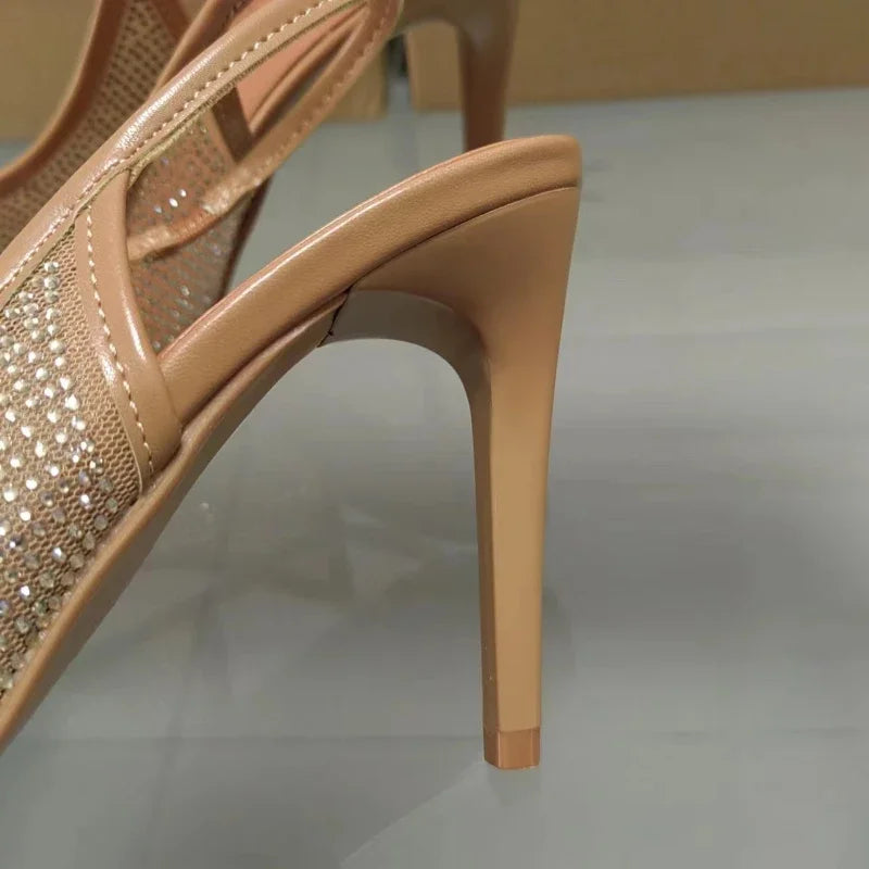 Luxury Brand Women Summer Shoes Pointed Toe Bright Rhinestone Design Mesh High Heeled Elegant Party Nightclub Shoes for Ladies