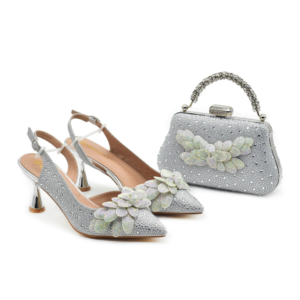 Original Italian Shoes and Bag Set for Women Full Rhinestone Chic and Elegant Woman Shoes and Bag for Party Wedding Pumps