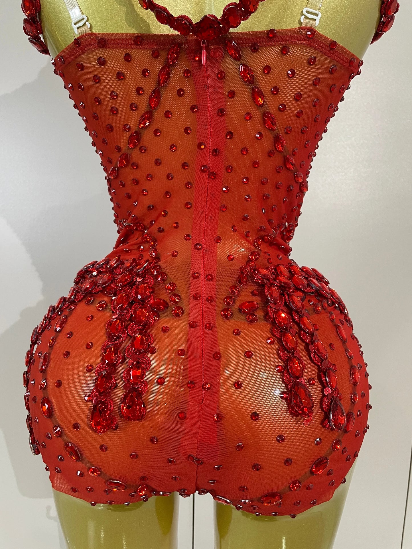Luxury Sparkly Red Rhinestones Mesh Stretch Bodysuit Women Birthday Party Nightclub Bar Singer Dancer Performance Stage Costume
