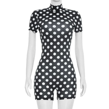 FAGADOER Retro Big Polka Dot Bodycon Rompers Women Short-sleeve Back Hollow Out Ruched Jumpsuits Streetwear Party Club Playsuits