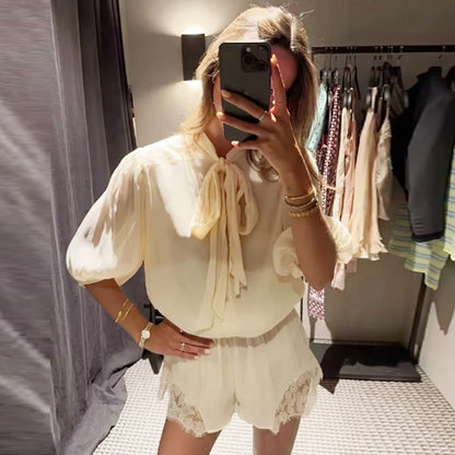 HXAO Ties Bow Lace Bodysuit Cream Short Jumpsuit Women Vacation Summer Playsuit Short Sleeve Mini Rompers Casual Combishort