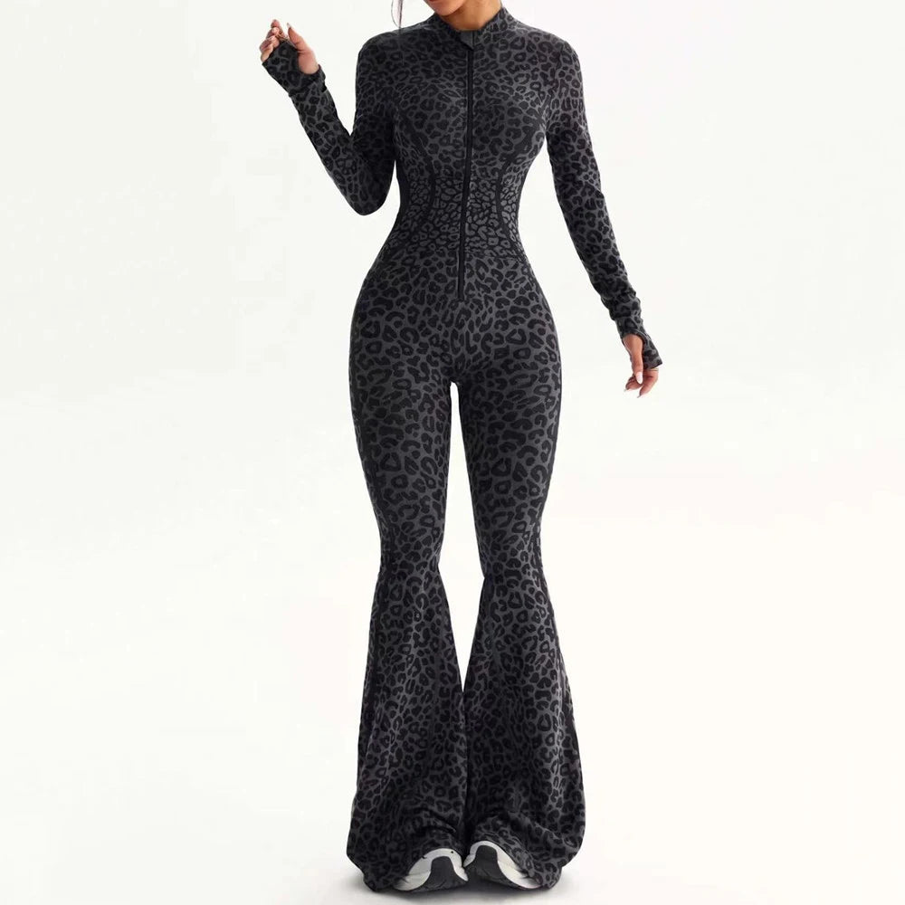 Zipper Women Seamless Jumpsuits Long Sleeve One Piece Yoga Set Leopard Fitness Gym Bodysuits Flare Pants Sports Activewear XP290