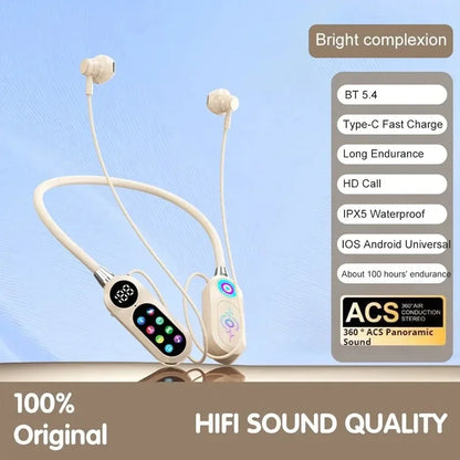HD Screen Bluetooth 5.4 Headphones Neckband Earphones TWS Wireless Headsets HiFi Stereo Waterproof Earbuds Support TF Card