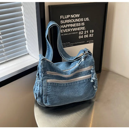 Vintage Denim Women's Shoulder Bag Large Capacity Messenger Bag Multi-pockets Satchel Bags Adjustable Strap Ladies Crossbody Bag