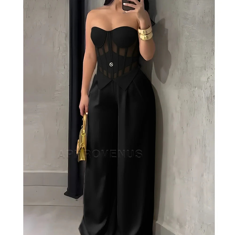 Women's Sexy Strapless Solid Color Jumpsuit Slimming High Waist Wide Leg Long Pants Elegant Party Romper Classy Clubwear Outfit
