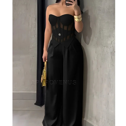 Women's Sexy Strapless Solid Color Jumpsuit Slimming High Waist Wide Leg Long Pants Elegant Party Romper Classy Clubwear Outfit