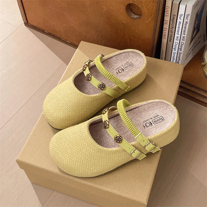 Women's Woven Mary Jane Mules Flat Round Toe Slip-On Shoes with Buckle Straps and Rose Hardware Casual Balletcore Summer Sandals