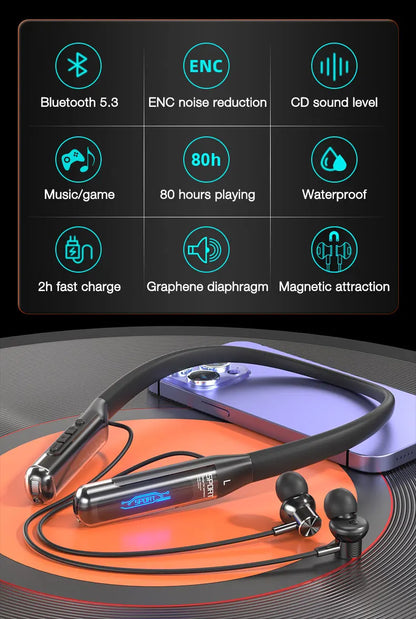 EARDECO 80 Hours Playback Bluetooth Headphone Neckband Wireless Headphones Bass Bluetooth Earphone with Mic Sport Stereo