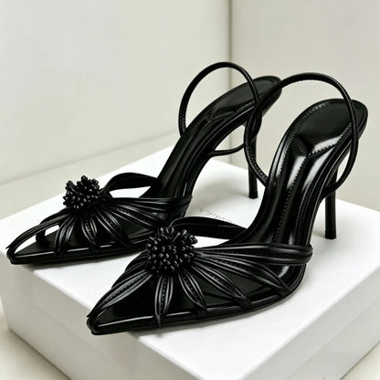 Gold Flower Designer Backless Women's Sandals Summer 2026 Novelty Sexy Pointed Toe Pumps Heels Women Luxury Banquet Party Shoes