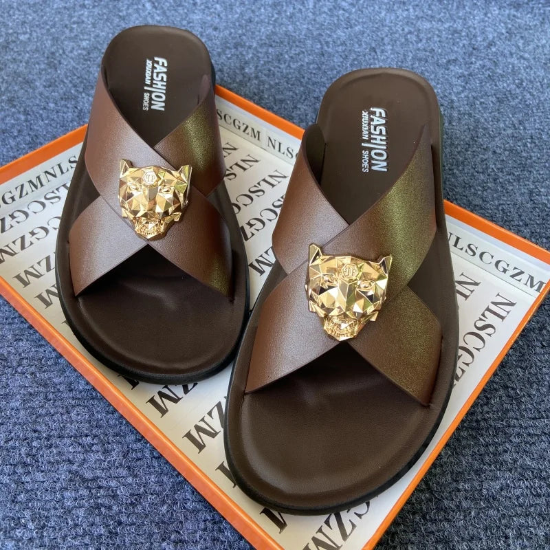size38-48 original shoes brand summer leather slides for man black brown fashion shoes for mens slippers business beach slippers