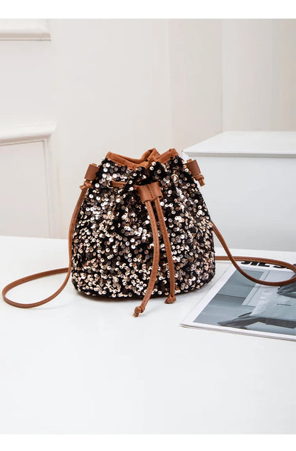 New Chic Multicolor Sequin Shing Shoulder Bag Fashion Versatile Handbag Drawstring Bucket Bag Large Capacity Wallet Purse Bags